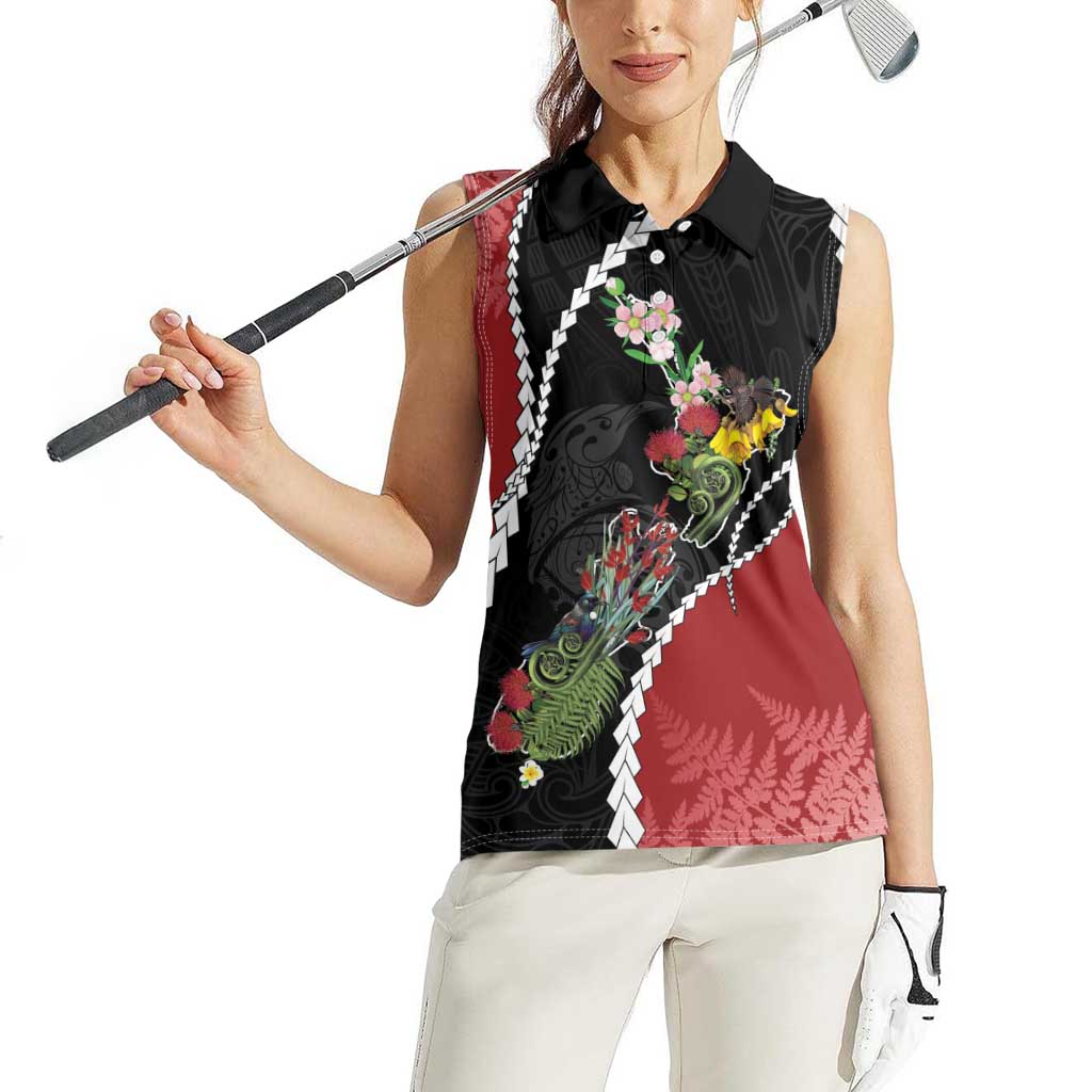 New Zealand Christmas Women Sleeveless Polo Shirt Flora Map with Birds - Aussie Hoodie