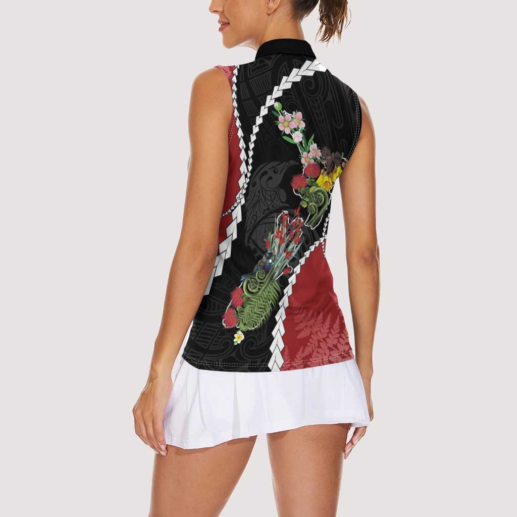 New Zealand Christmas Women Sleeveless Polo Shirt Flora Map with Birds - Aussie Hoodie