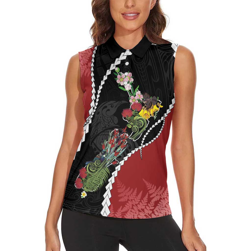 New Zealand Christmas Women Sleeveless Polo Shirt Flora Map with Birds - Aussie Hoodie