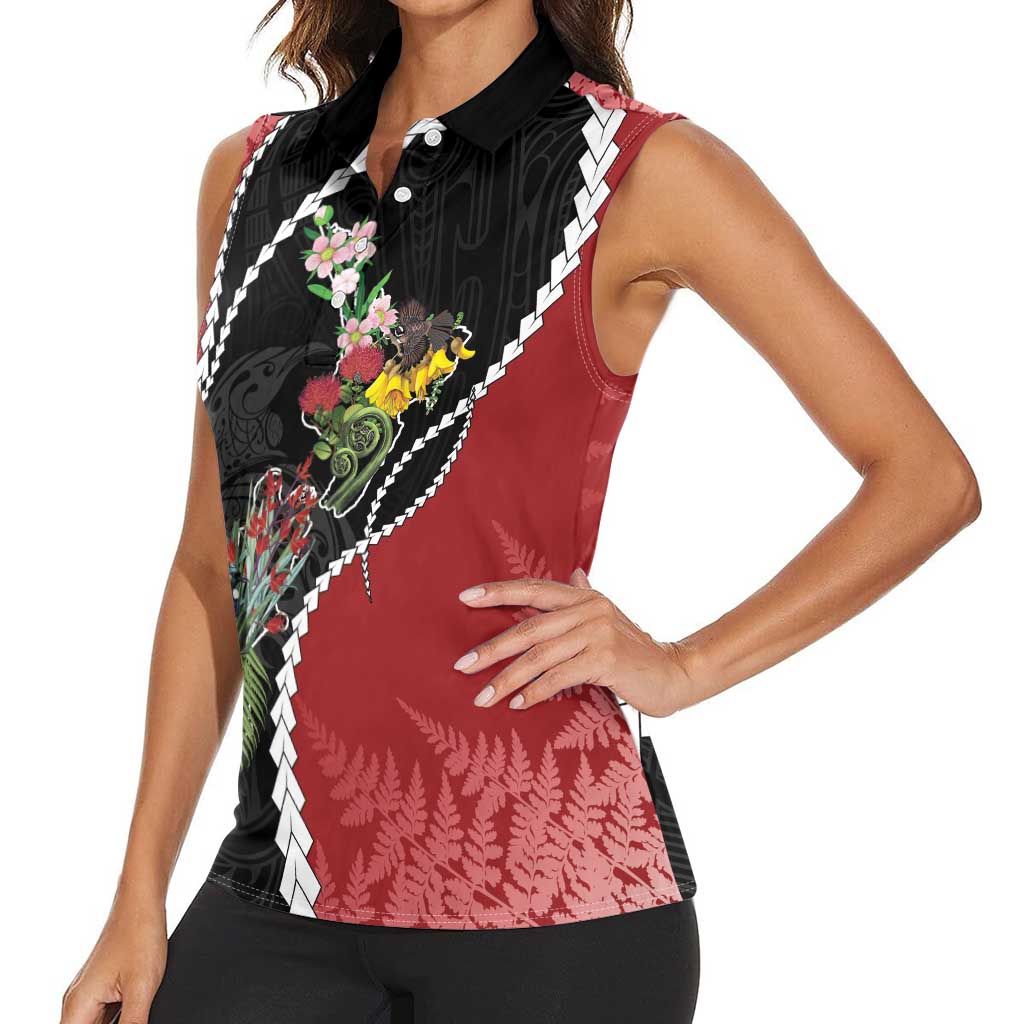 New Zealand Christmas Women Sleeveless Polo Shirt Flora Map with Birds - Aussie Hoodie