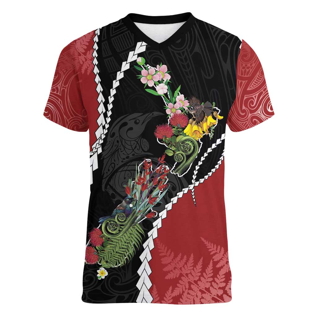 New Zealand Christmas Women V-Neck T-Shirt Flora Map with Birds - Aussie Hoodie