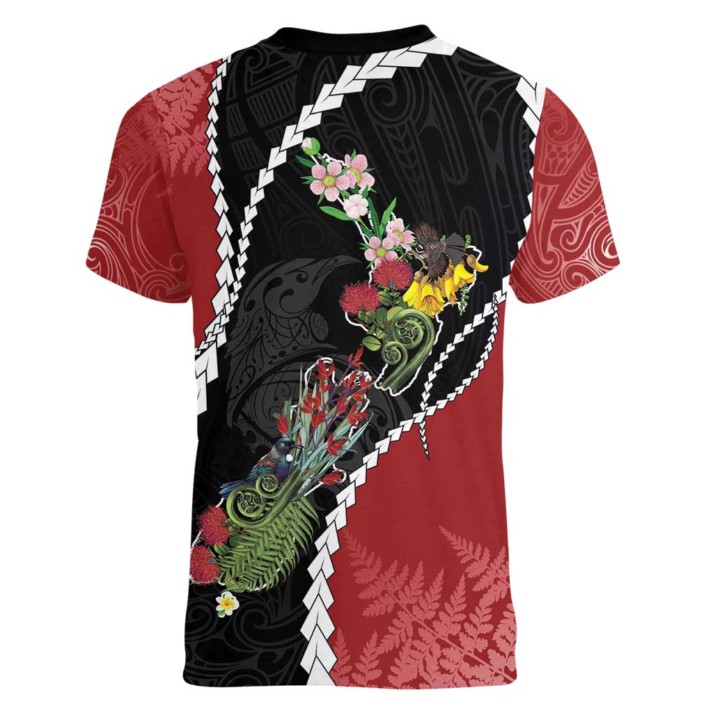 New Zealand Christmas Women V-Neck T-Shirt Flora Map with Birds - Aussie Hoodie