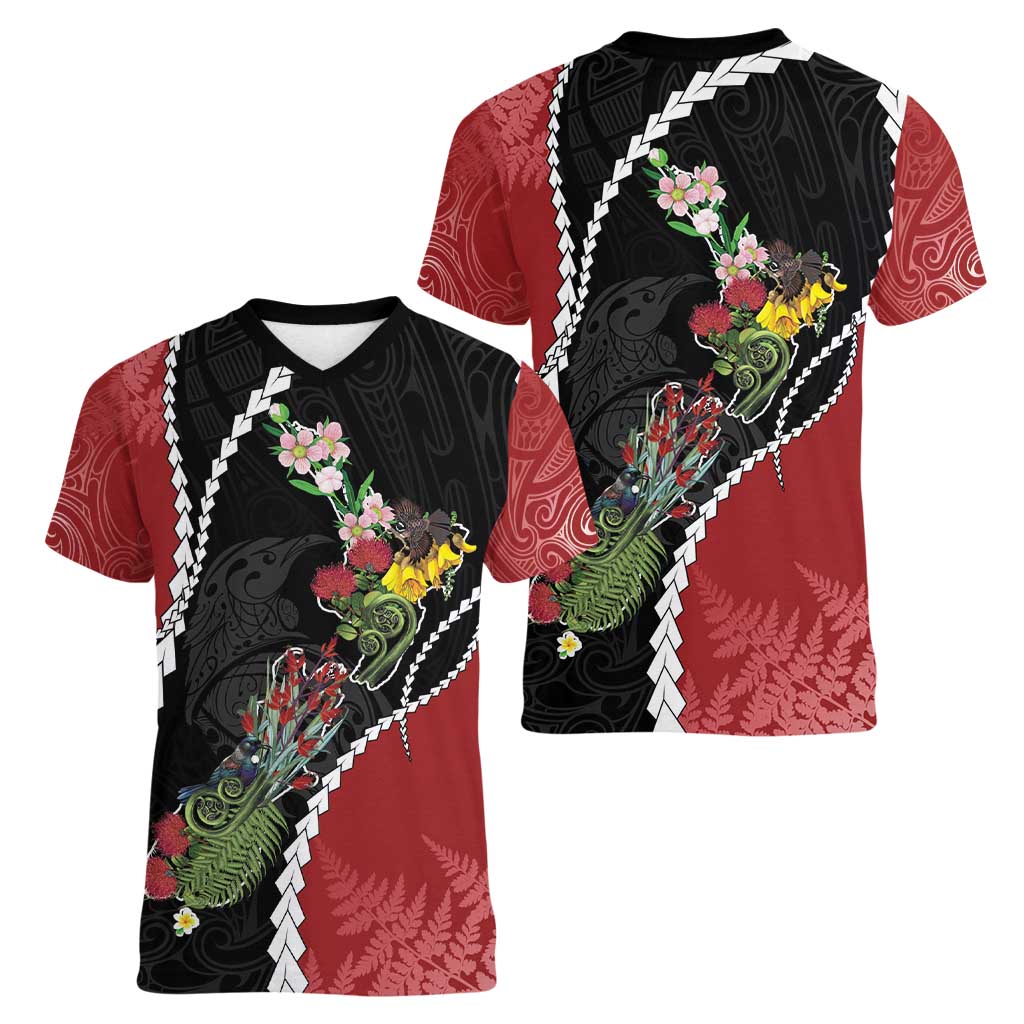 New Zealand Christmas Women V-Neck T-Shirt Flora Map with Birds - Aussie Hoodie