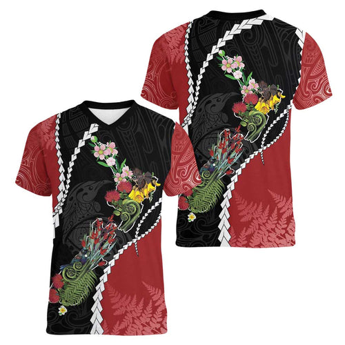 New Zealand Christmas Women V-Neck T-Shirt Flora Map with Birds - Aussie Hoodie
