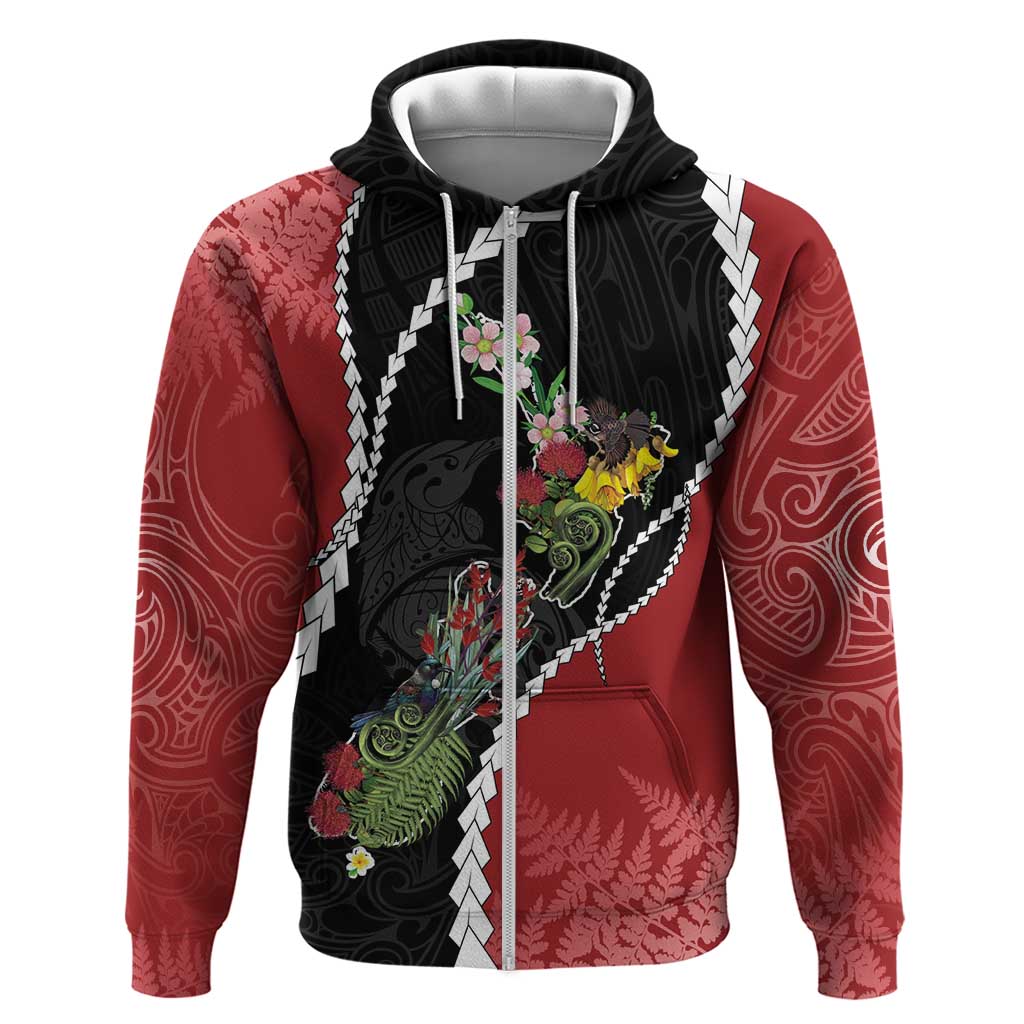 New Zealand Christmas Zip Hoodie Flora Map with Birds - Aussie Hoodie