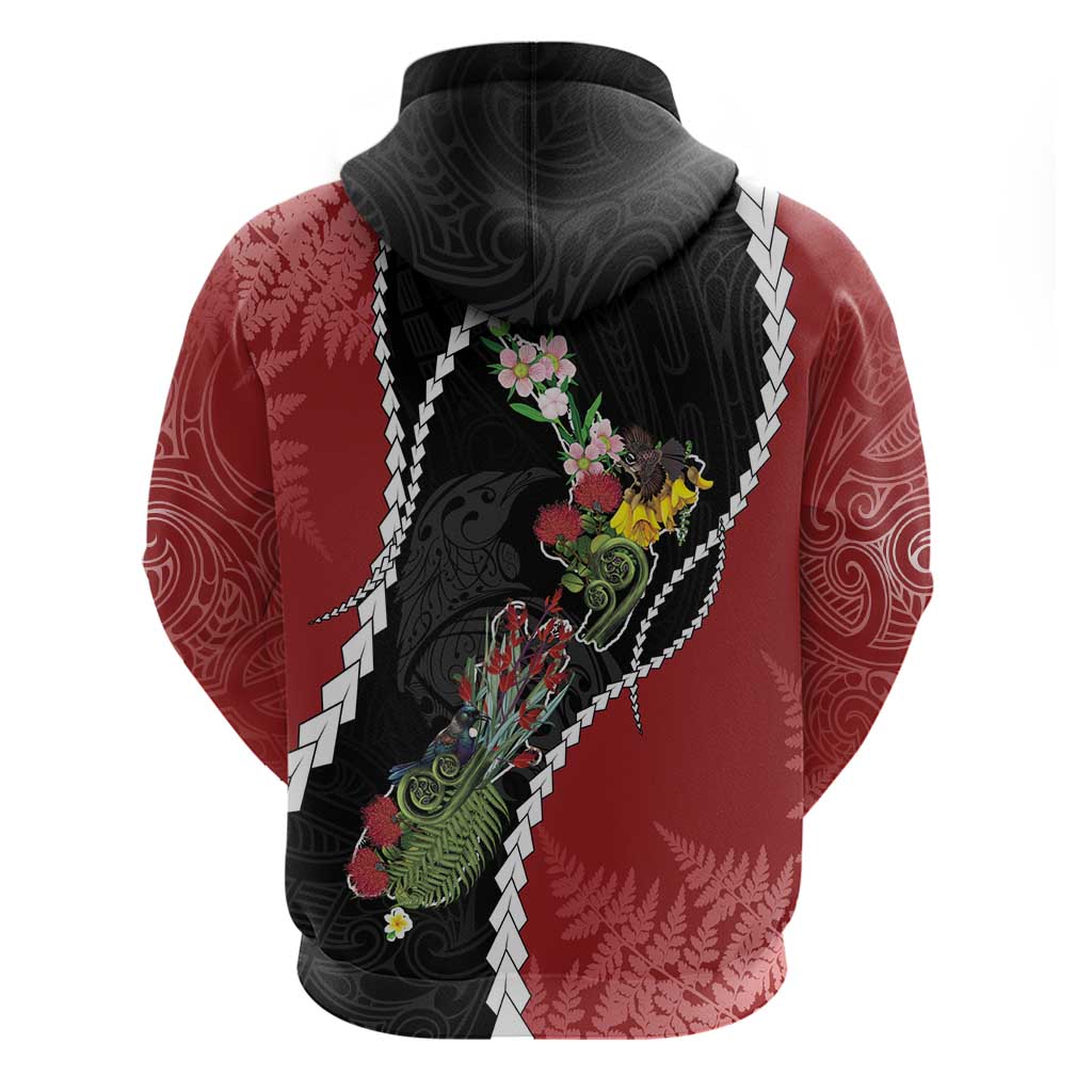 New Zealand Christmas Zip Hoodie Flora Map with Birds - Aussie Hoodie
