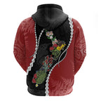 New Zealand Christmas Zip Hoodie Flora Map with Birds - Aussie Hoodie