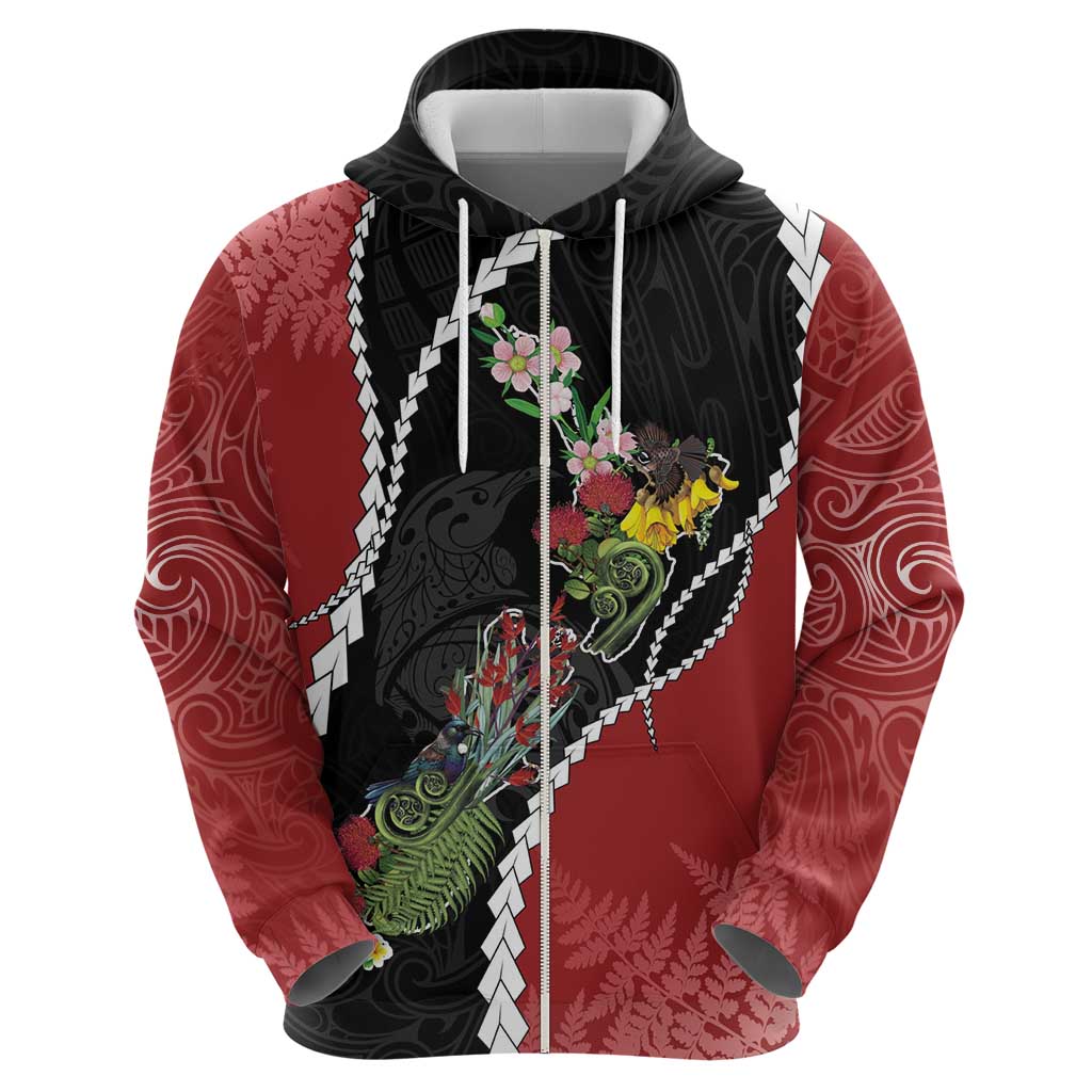 New Zealand Christmas Zip Hoodie Flora Map with Birds - Aussie Hoodie