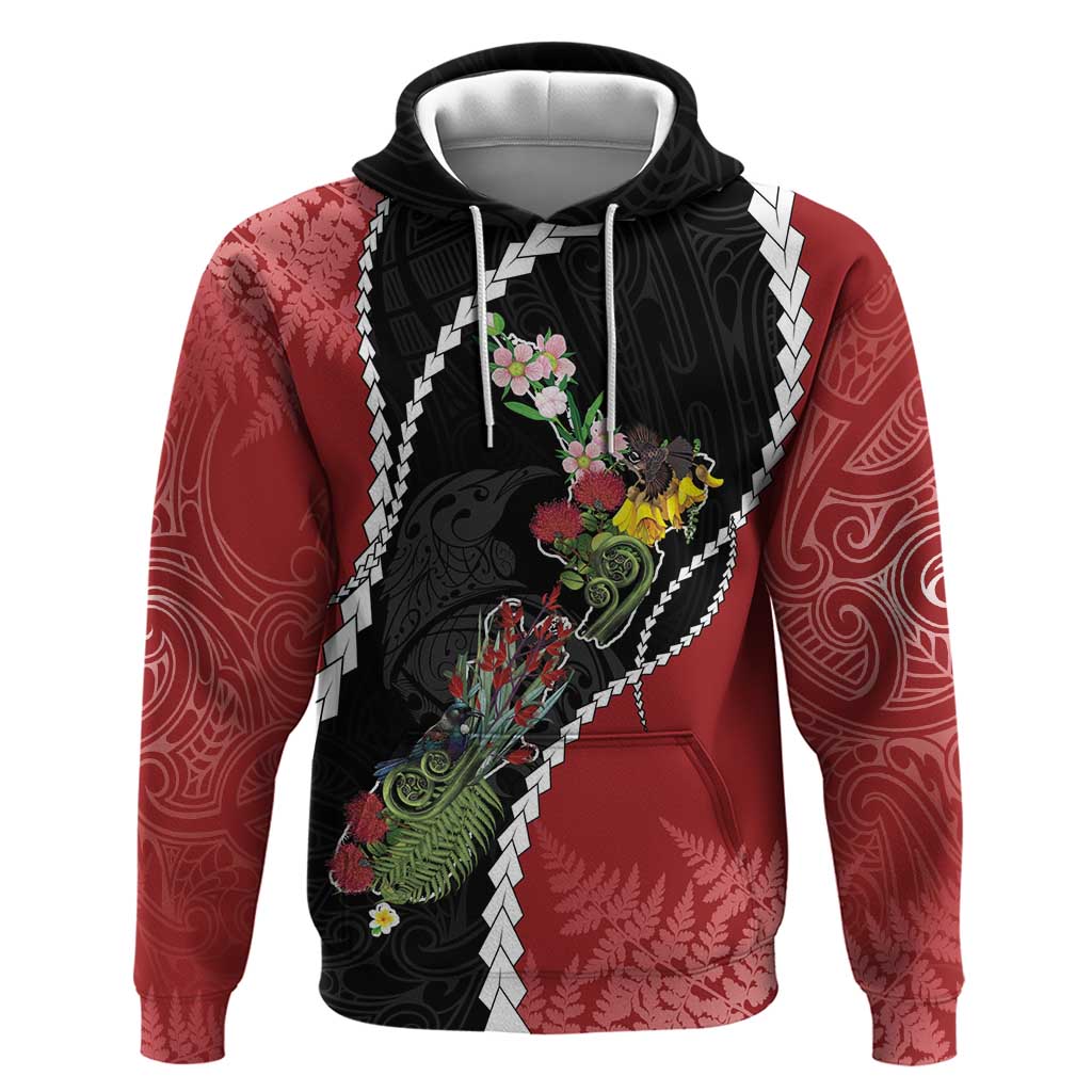 New Zealand Christmas Zip Hoodie Flora Map with Birds - Aussie Hoodie