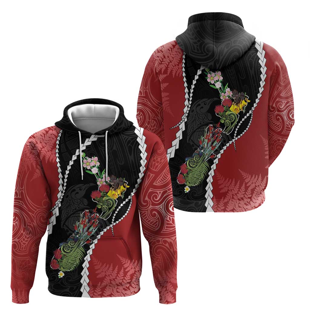 New Zealand Christmas Zip Hoodie Flora Map with Birds - Aussie Hoodie