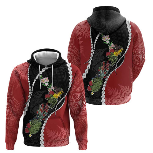 New Zealand Christmas Zip Hoodie Flora Map with Birds - Aussie Hoodie