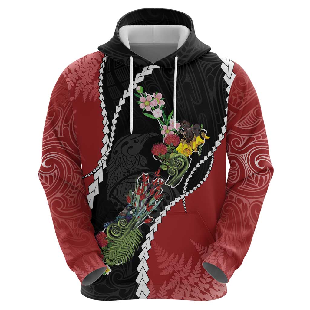 New Zealand Christmas Zip Hoodie Flora Map with Birds - Aussie Hoodie