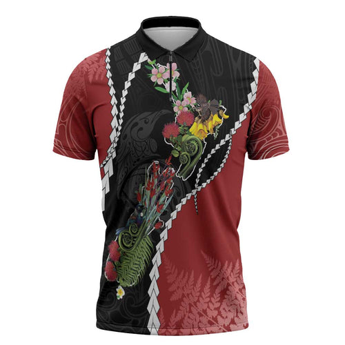 New Zealand Christmas Zipper Polo Shirt Flora Map with Birds - Aussie Hoodie