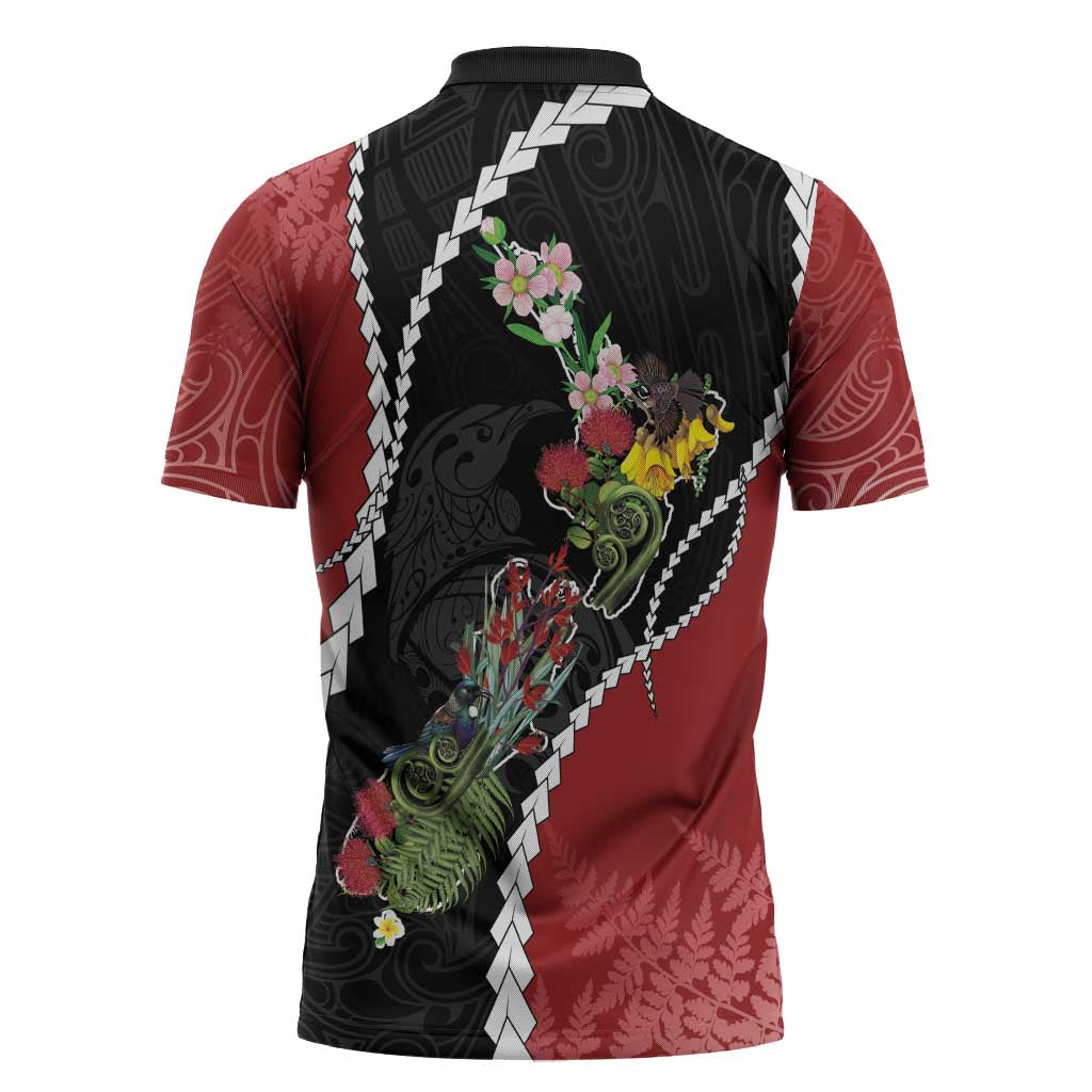 New Zealand Christmas Zipper Polo Shirt Flora Map with Birds - Aussie Hoodie