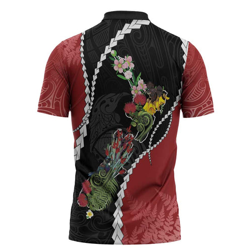 New Zealand Christmas Zipper Polo Shirt Flora Map with Birds - Aussie Hoodie