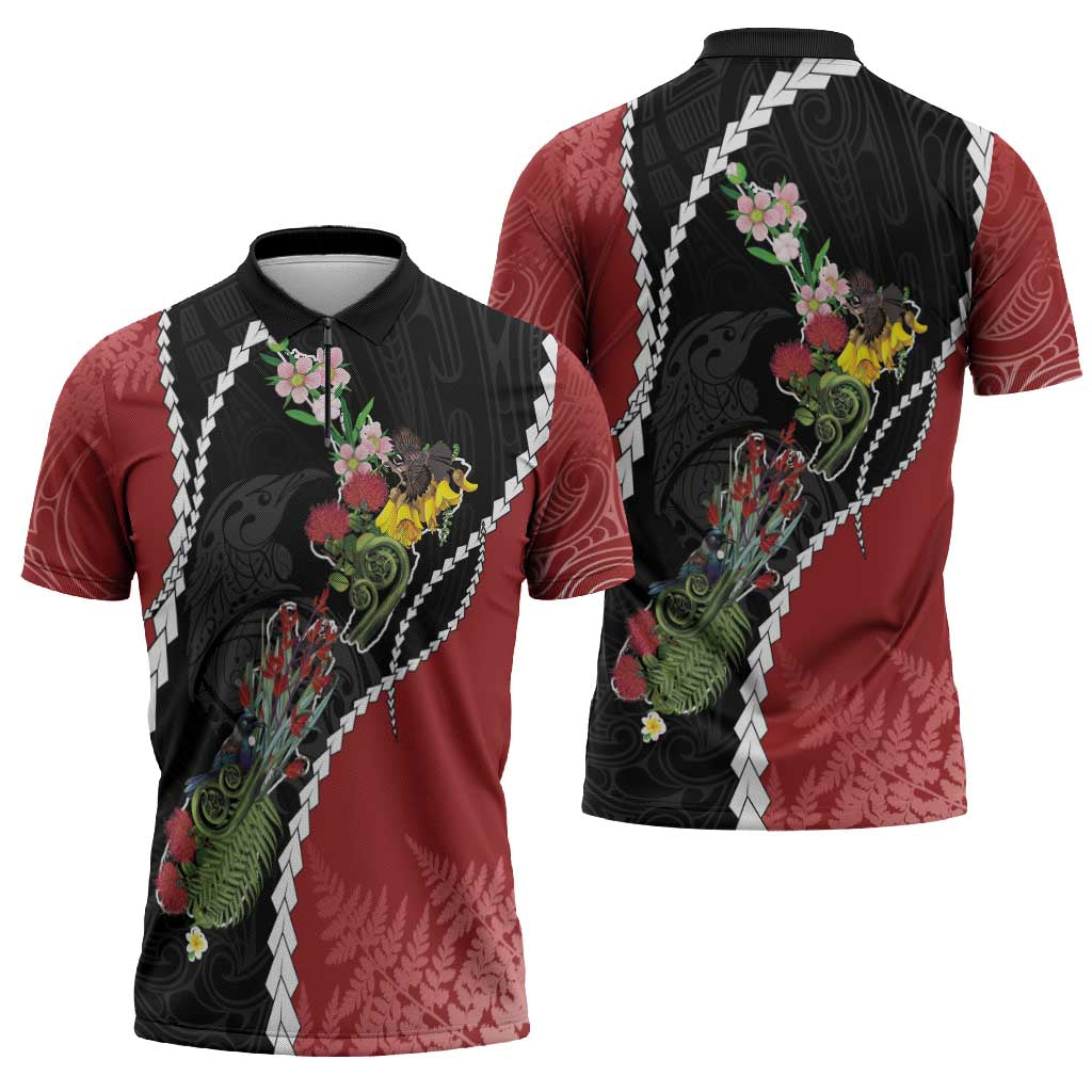 New Zealand Christmas Zipper Polo Shirt Flora Map with Birds - Aussie Hoodie