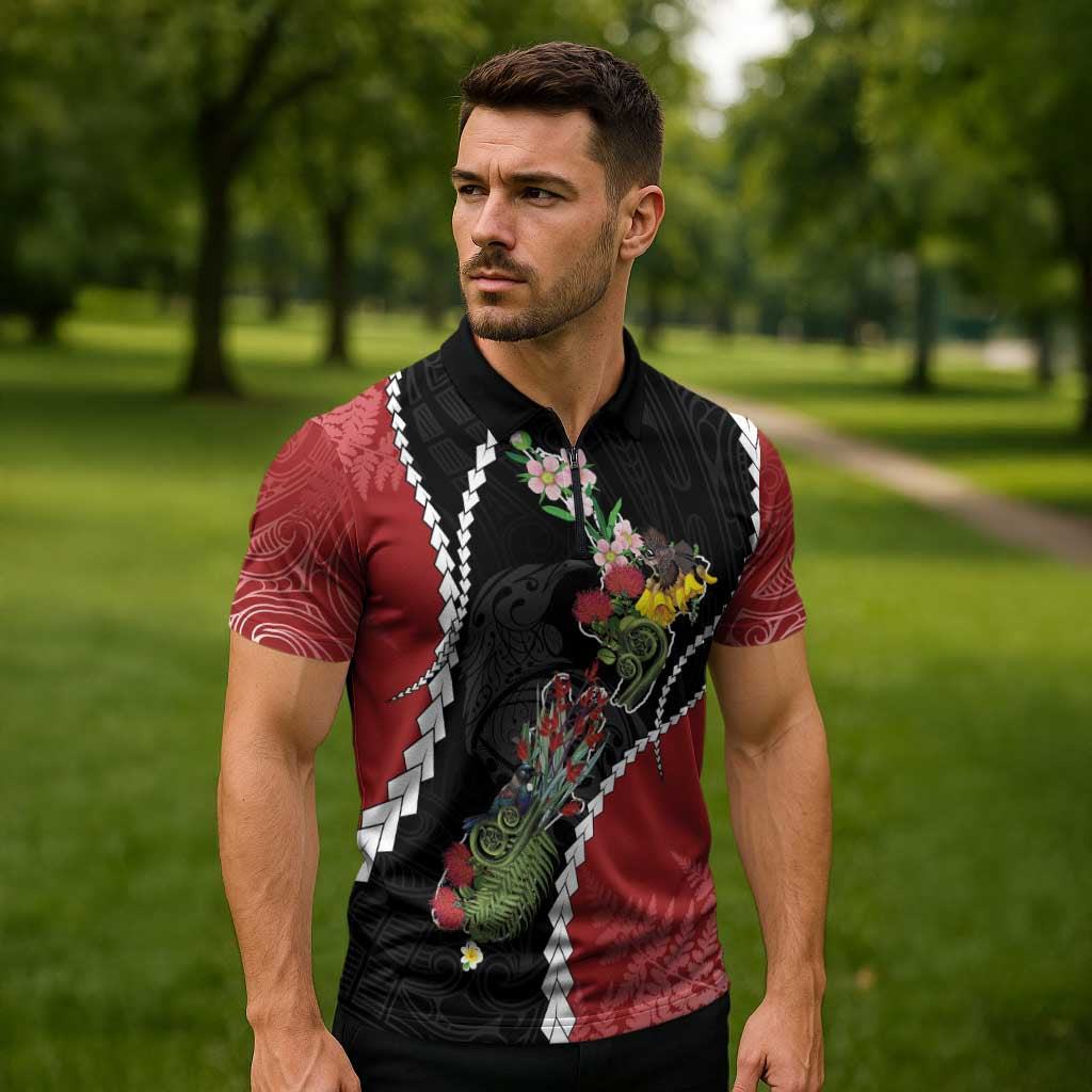 New Zealand Christmas Zipper Polo Shirt Flora Map with Birds - Aussie Hoodie