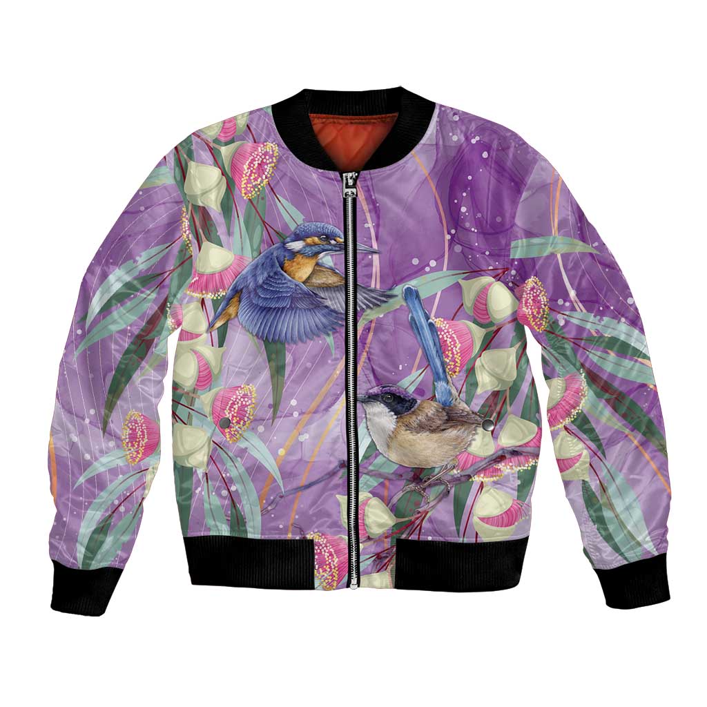 Australia Epilepsy Awareness Bomber Jacket Purple Fairy Wren with Eucalyptus Flowers - Aussie Hoodie