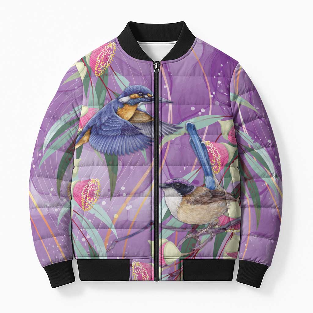 Australia Epilepsy Awareness Bomber Puffer Jacket Purple Fairy Wren with Eucalyptus Flowers - Aussie Hoodie