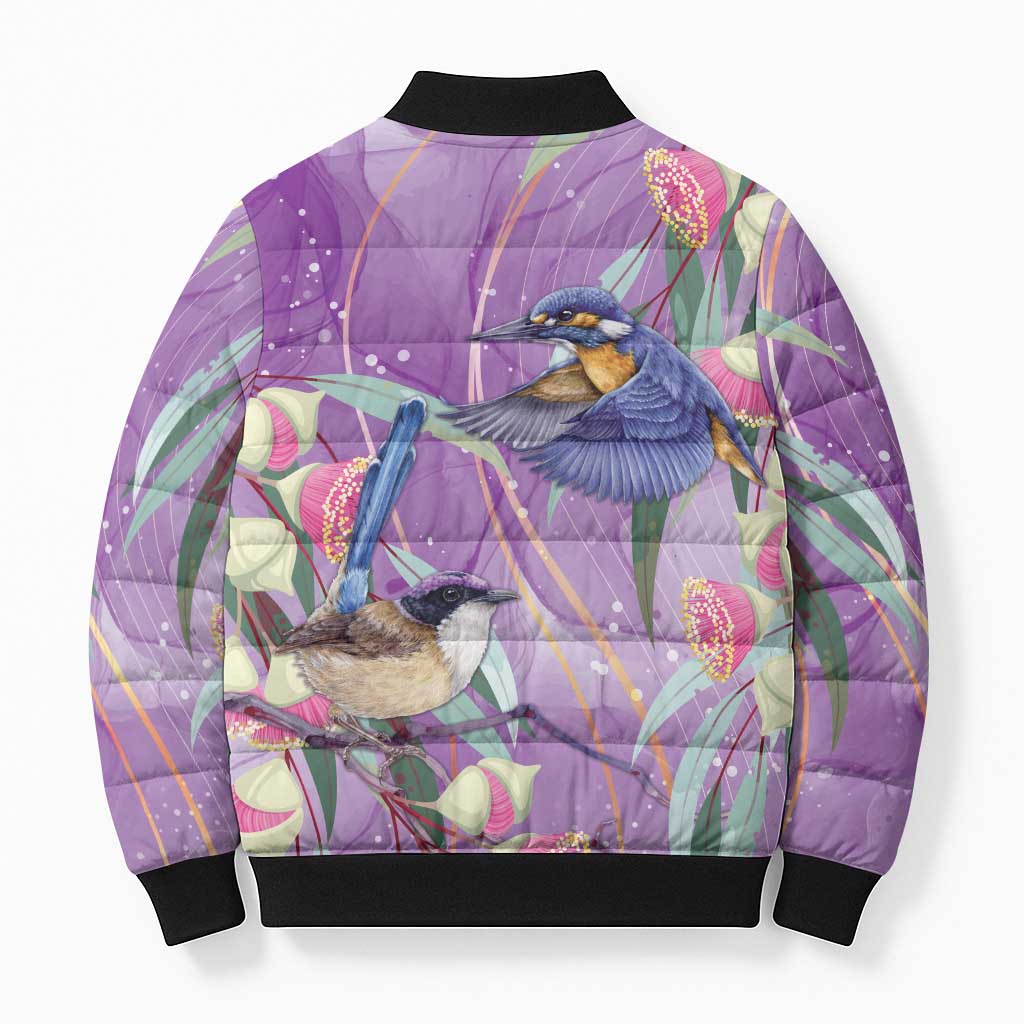 Australia Epilepsy Awareness Bomber Puffer Jacket Purple Fairy Wren with Eucalyptus Flowers - Aussie Hoodie