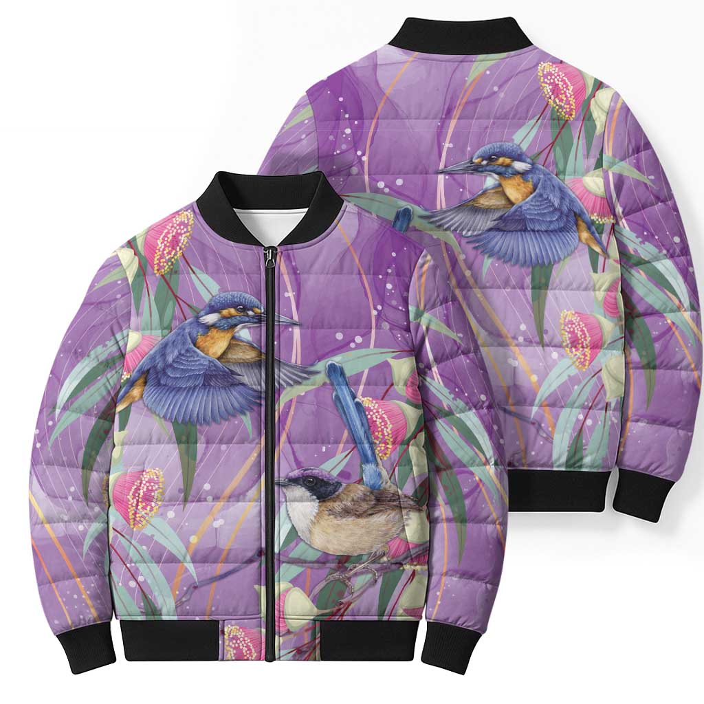 Australia Epilepsy Awareness Bomber Puffer Jacket Purple Fairy Wren with Eucalyptus Flowers - Aussie Hoodie