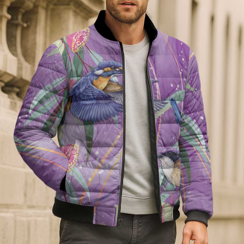 Australia Epilepsy Awareness Bomber Puffer Jacket Purple Fairy Wren with Eucalyptus Flowers - Aussie Hoodie