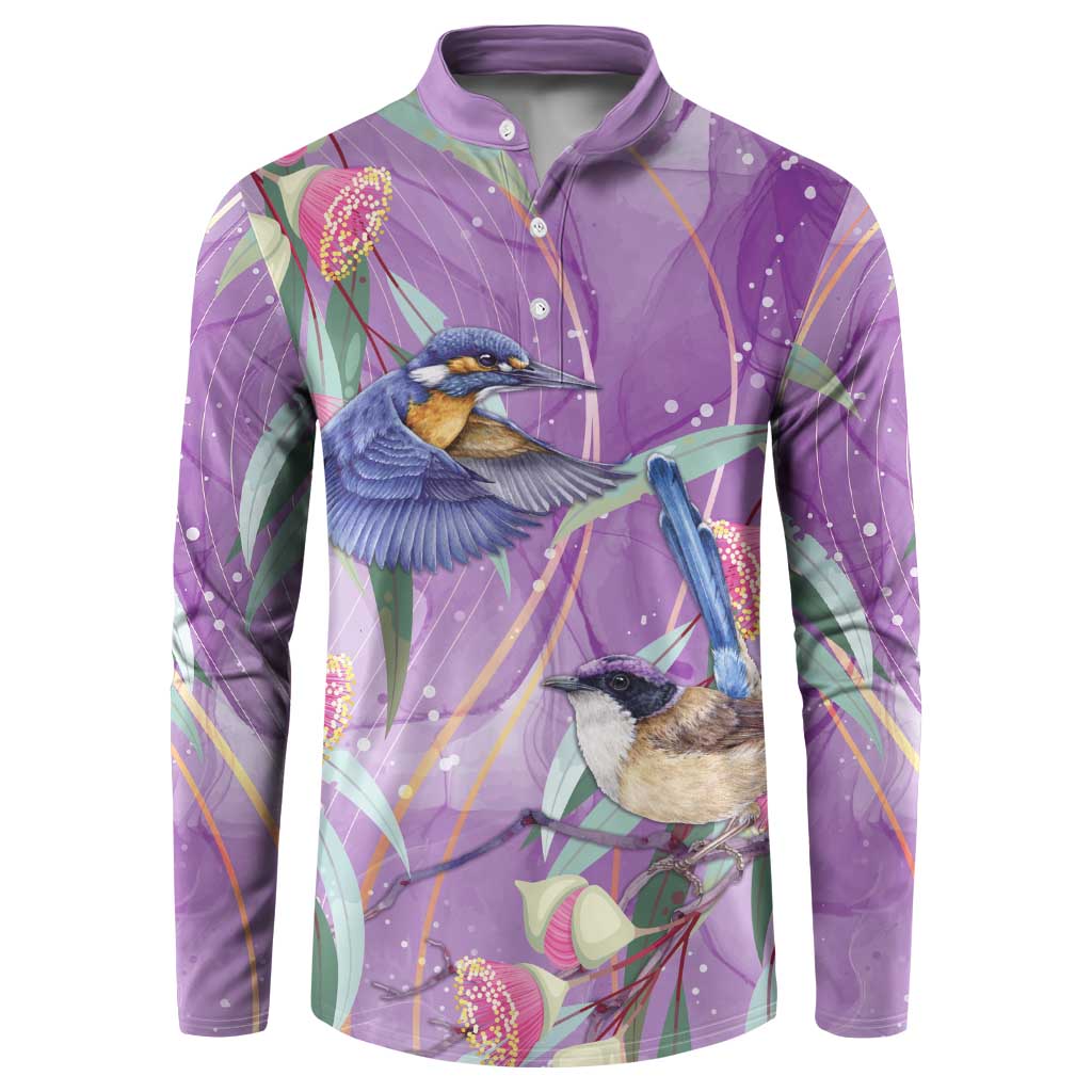 Australia Epilepsy Awareness Button Sweatshirt Purple Fairy Wren with Eucalyptus Flowers - Aussie Hoodie