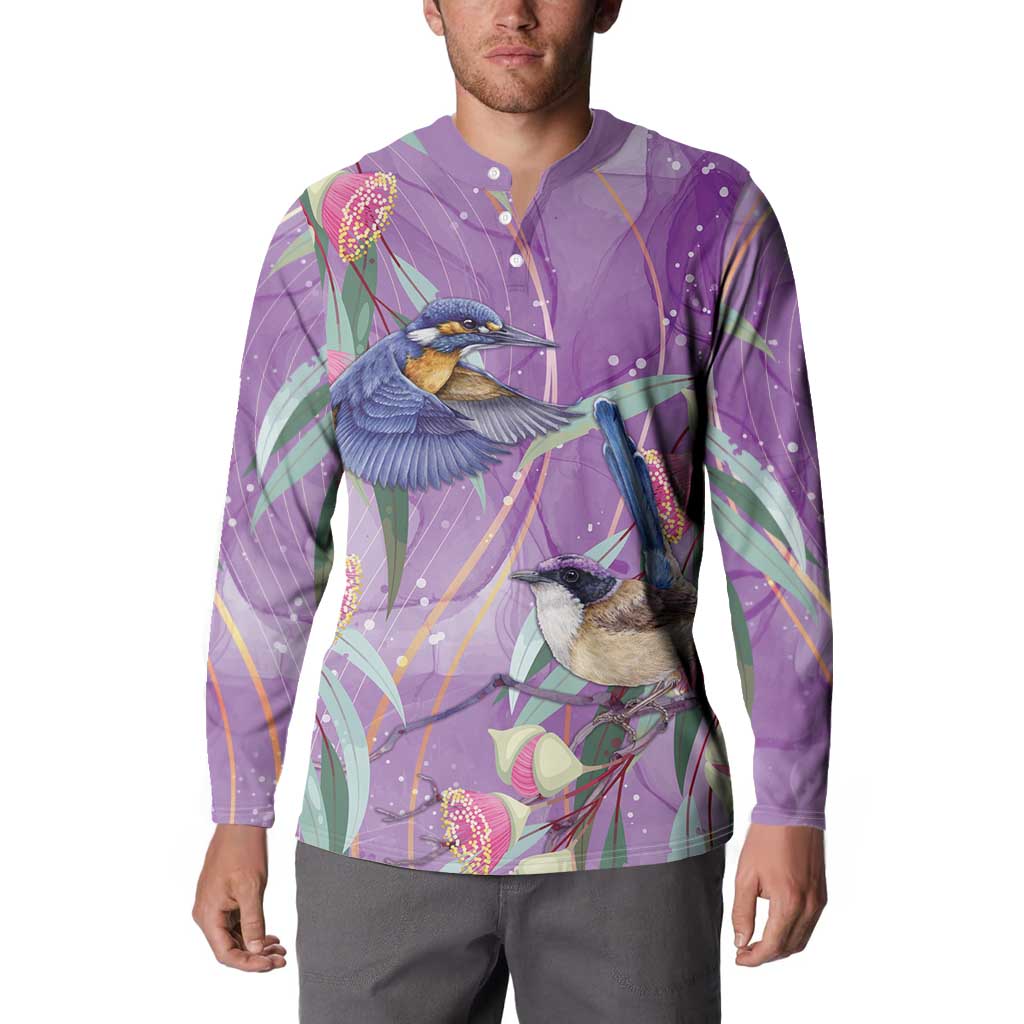 Australia Epilepsy Awareness Button Sweatshirt Purple Fairy Wren with Eucalyptus Flowers - Aussie Hoodie