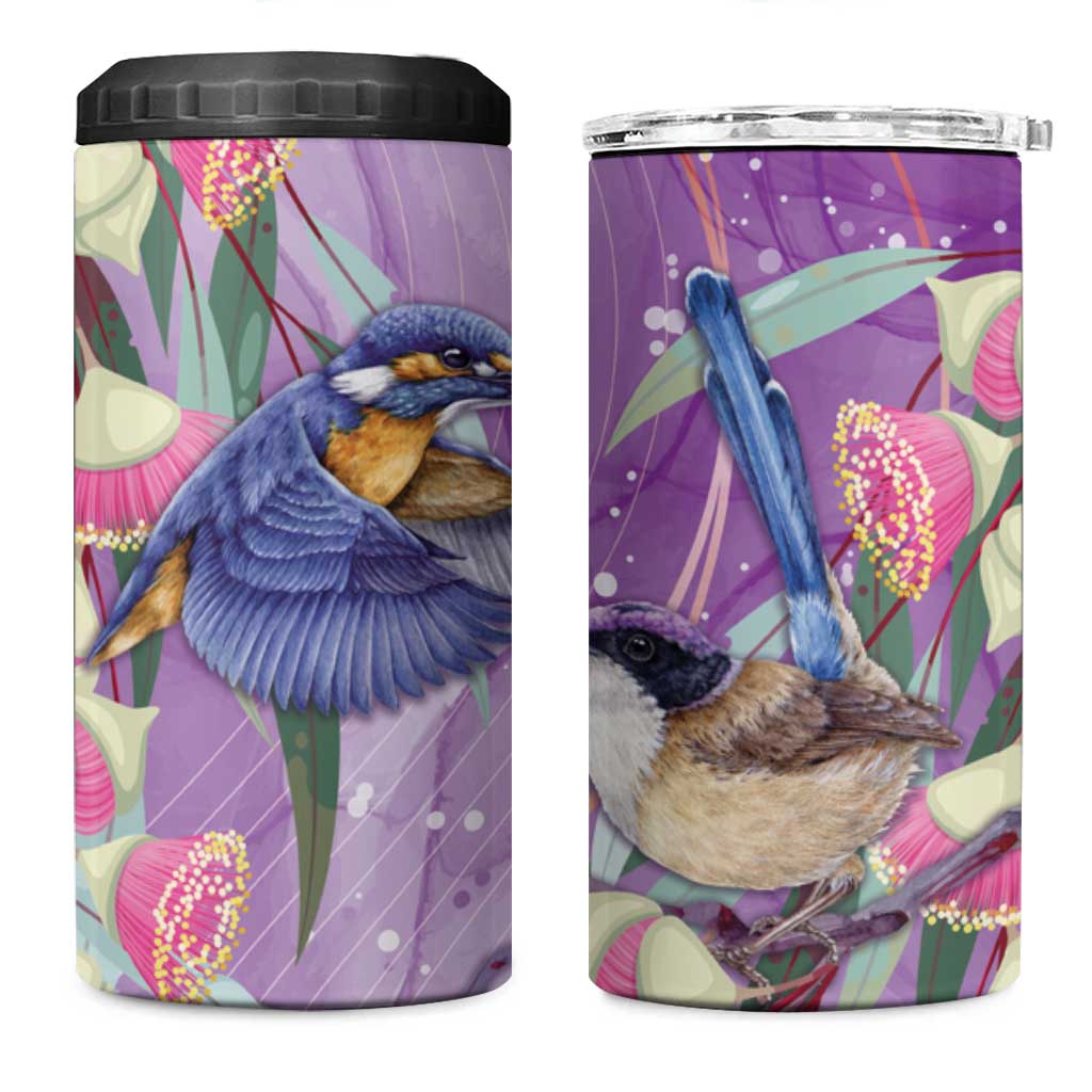 Australia Epilepsy Awareness 4 in 1 Can Cooler Tumbler Purple Fairy Wren with Eucalyptus Flowers - Aussie Hoodie