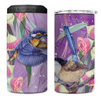Australia Epilepsy Awareness 4 in 1 Can Cooler Tumbler Purple Fairy Wren with Eucalyptus Flowers - Aussie Hoodie