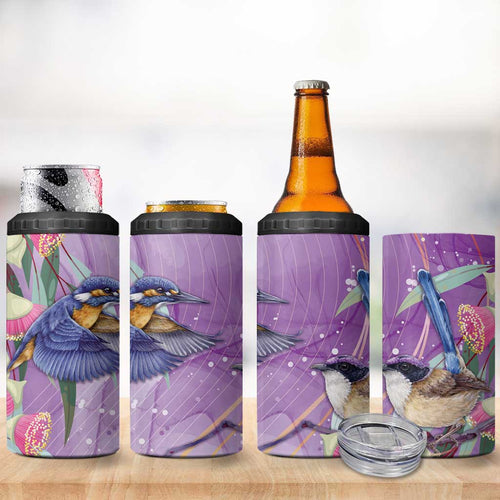Australia Epilepsy Awareness 4 in 1 Can Cooler Tumbler Purple Fairy Wren with Eucalyptus Flowers - Aussie Hoodie