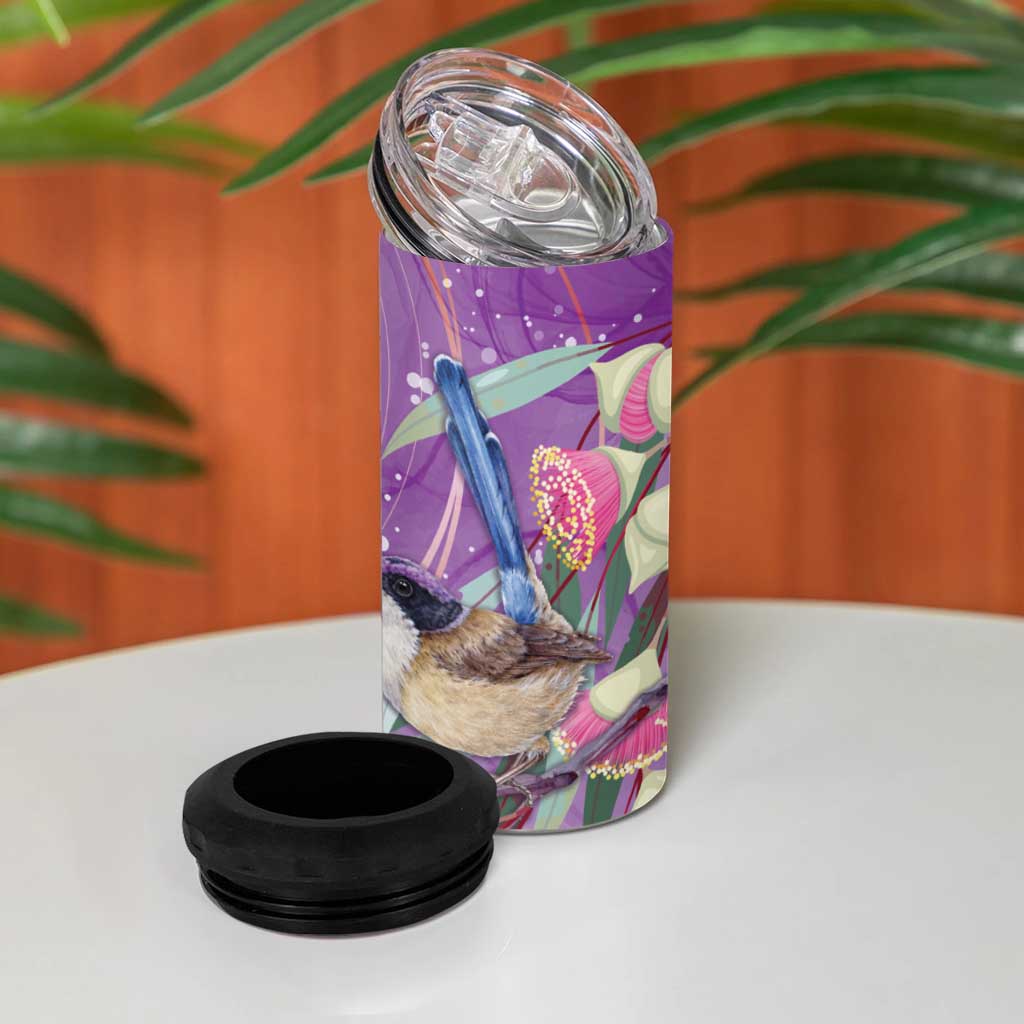 Australia Epilepsy Awareness 4 in 1 Can Cooler Tumbler Purple Fairy Wren with Eucalyptus Flowers - Aussie Hoodie