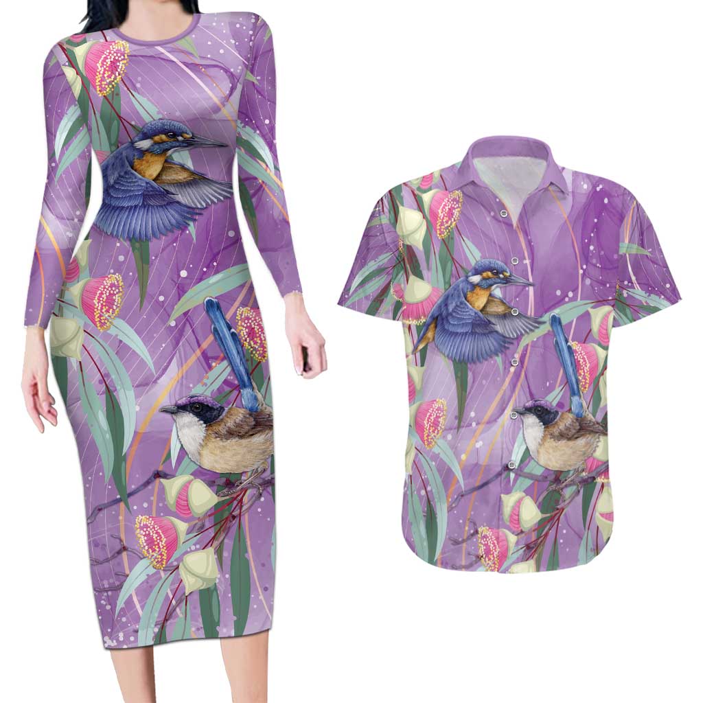 Australia Epilepsy Awareness Couples Matching Long Sleeve Bodycon Dress and Hawaiian Shirt Purple Fairy Wren with Eucalyptus Flowers - Aussie Hoodie