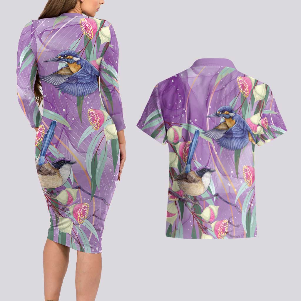 Australia Epilepsy Awareness Couples Matching Long Sleeve Bodycon Dress and Hawaiian Shirt Purple Fairy Wren with Eucalyptus Flowers - Aussie Hoodie