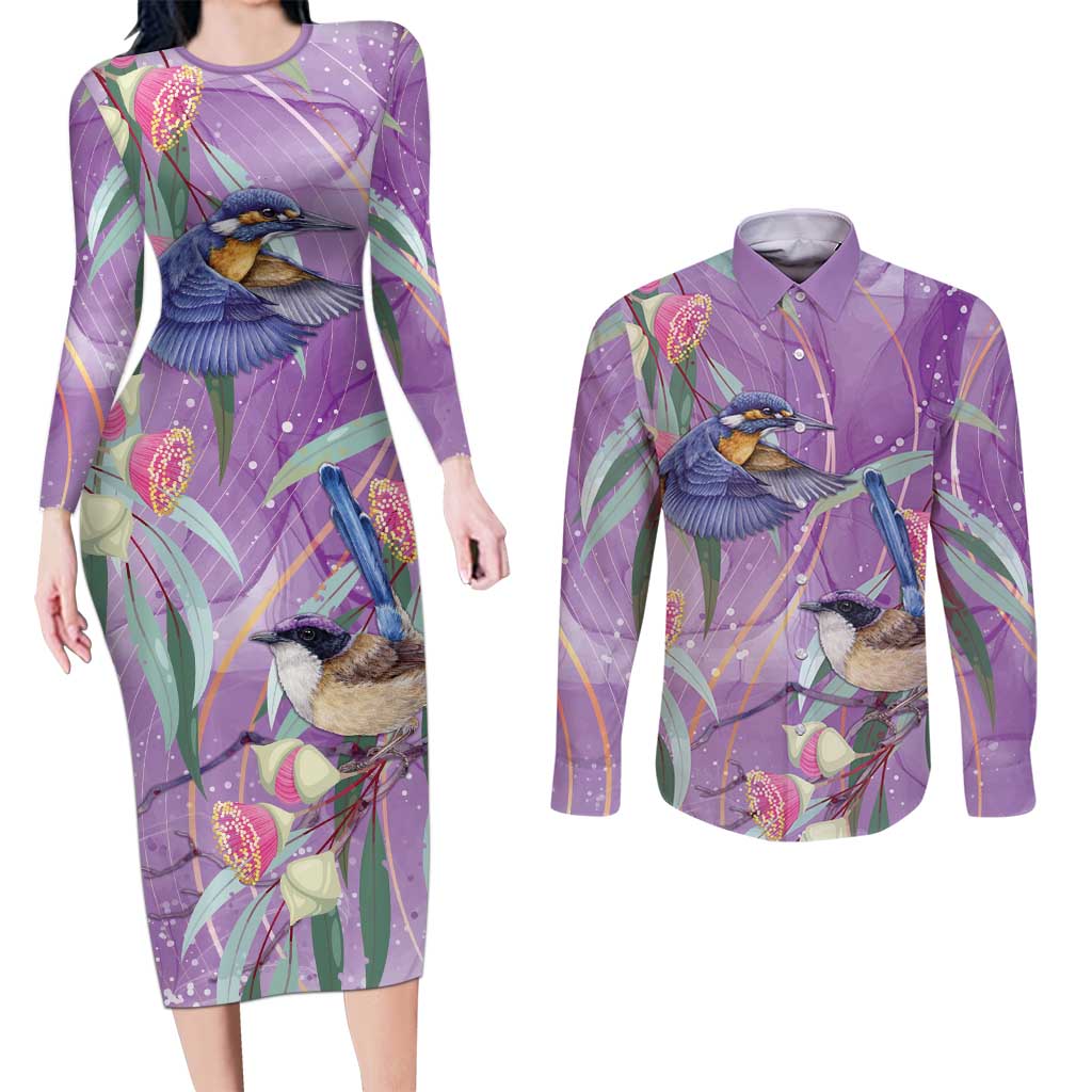 Australia Epilepsy Awareness Couples Matching Long Sleeve Bodycon Dress and Long Sleeve Button Shirt Purple Fairy Wren with Eucalyptus Flowers - Aussie Hoodie
