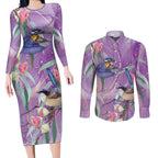 Australia Epilepsy Awareness Couples Matching Long Sleeve Bodycon Dress and Long Sleeve Button Shirt Purple Fairy Wren with Eucalyptus Flowers - Aussie Hoodie