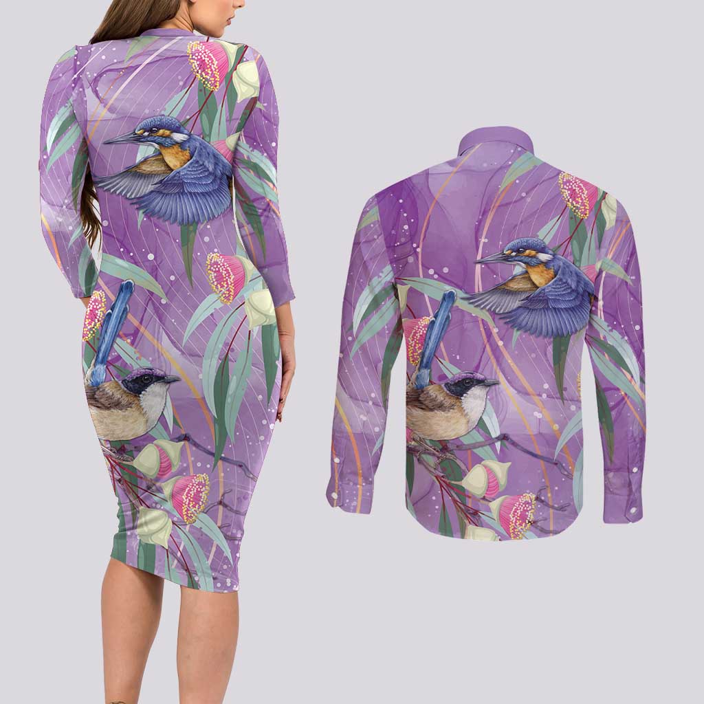 Australia Epilepsy Awareness Couples Matching Long Sleeve Bodycon Dress and Long Sleeve Button Shirt Purple Fairy Wren with Eucalyptus Flowers - Aussie Hoodie