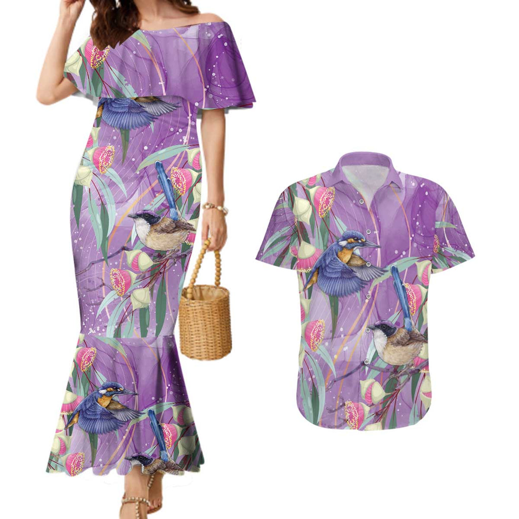 Australia Epilepsy Awareness Couples Matching Mermaid Dress and Hawaiian Shirt Purple Fairy Wren with Eucalyptus Flowers - Aussie Hoodie