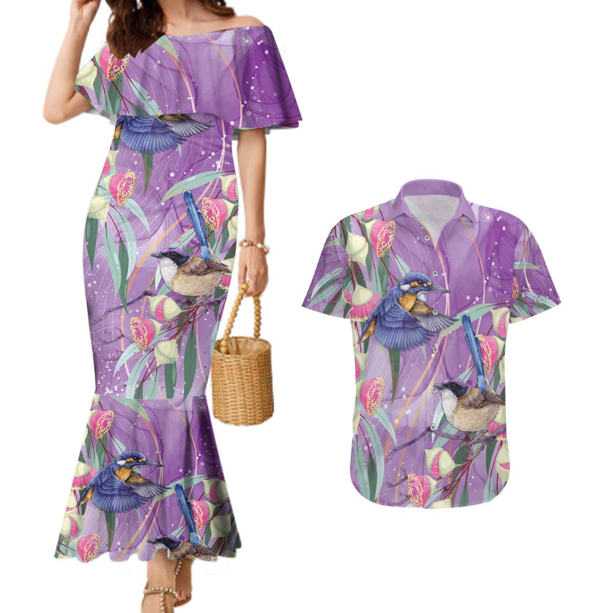 Australia Epilepsy Awareness Couples Matching Mermaid Dress and Hawaiian Shirt Purple Fairy Wren with Eucalyptus Flowers - Aussie Hoodie