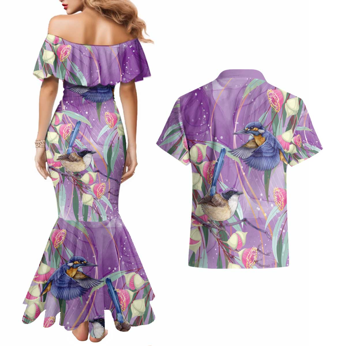 Australia Epilepsy Awareness Couples Matching Mermaid Dress and Hawaiian Shirt Purple Fairy Wren with Eucalyptus Flowers - Aussie Hoodie