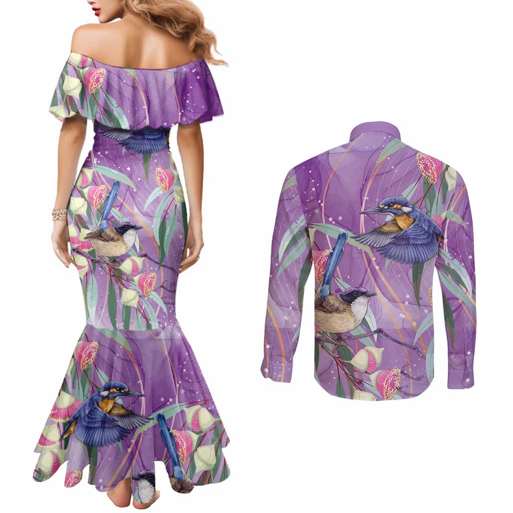 Australia Epilepsy Awareness Couples Matching Mermaid Dress and Long Sleeve Button Shirt Purple Fairy Wren with Eucalyptus Flowers - Aussie Hoodie