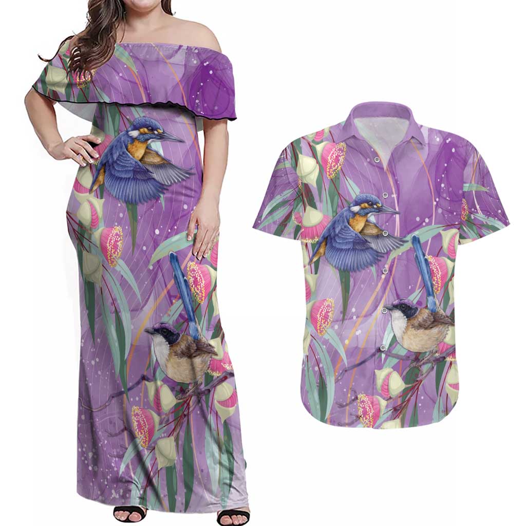 Australia Epilepsy Awareness Couples Matching Off Shoulder Maxi Dress and Hawaiian Shirt Purple Fairy Wren with Eucalyptus Flowers - Aussie Hoodie