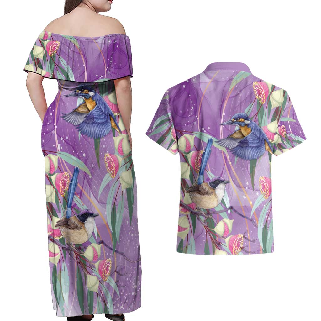Australia Epilepsy Awareness Couples Matching Off Shoulder Maxi Dress and Hawaiian Shirt Purple Fairy Wren with Eucalyptus Flowers - Aussie Hoodie