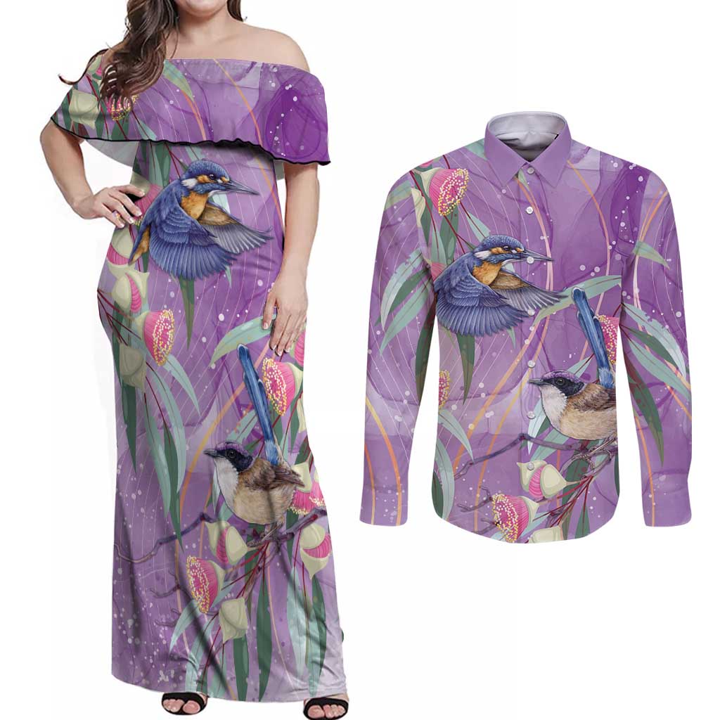 Australia Epilepsy Awareness Couples Matching Off Shoulder Maxi Dress and Long Sleeve Button Shirt Purple Fairy Wren with Eucalyptus Flowers - Aussie Hoodie