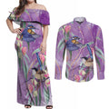 Australia Epilepsy Awareness Couples Matching Off Shoulder Maxi Dress and Long Sleeve Button Shirt Purple Fairy Wren with Eucalyptus Flowers - Aussie Hoodie