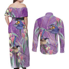 Australia Epilepsy Awareness Couples Matching Off Shoulder Maxi Dress and Long Sleeve Button Shirt Purple Fairy Wren with Eucalyptus Flowers - Aussie Hoodie