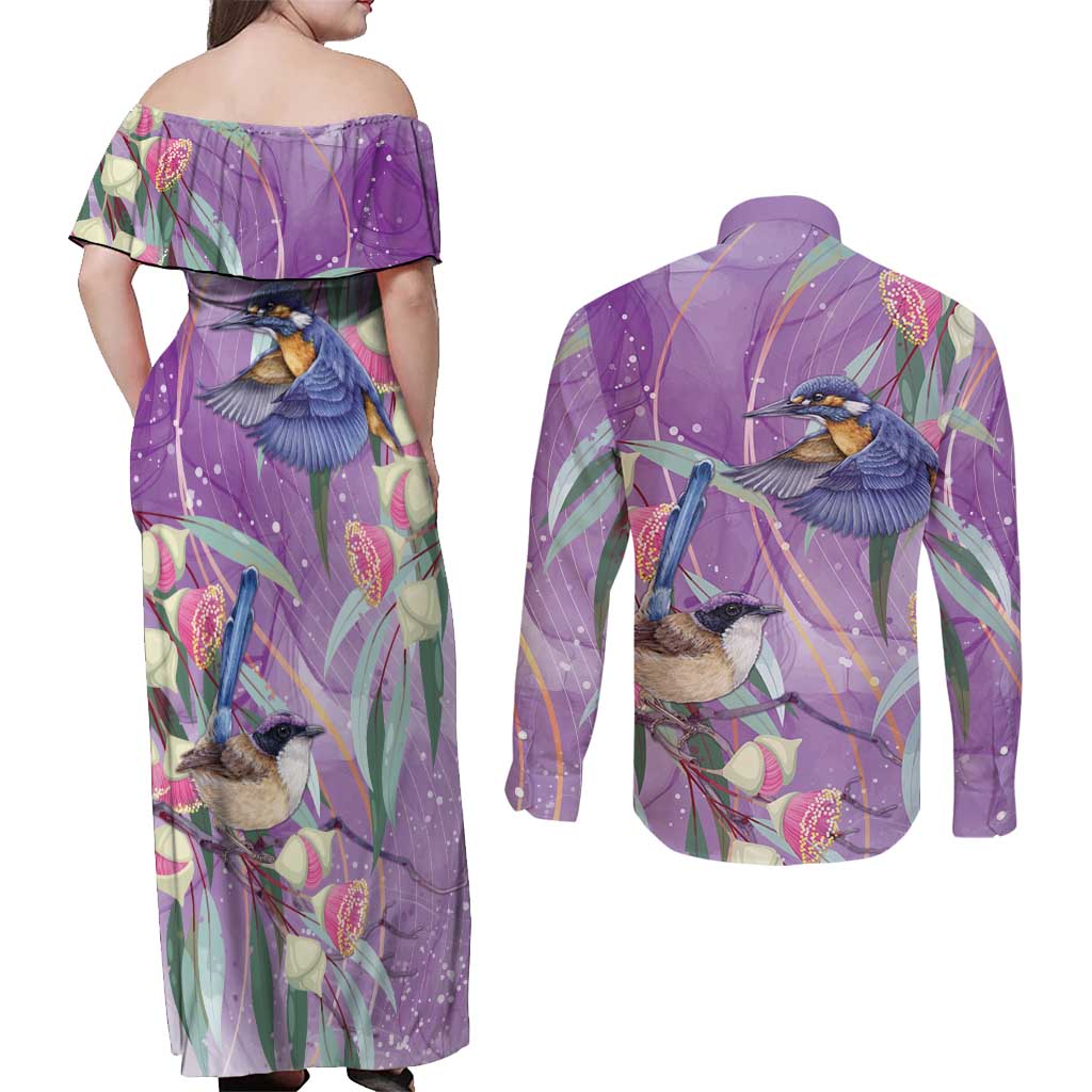 Australia Epilepsy Awareness Couples Matching Off Shoulder Maxi Dress and Long Sleeve Button Shirt Purple Fairy Wren with Eucalyptus Flowers - Aussie Hoodie