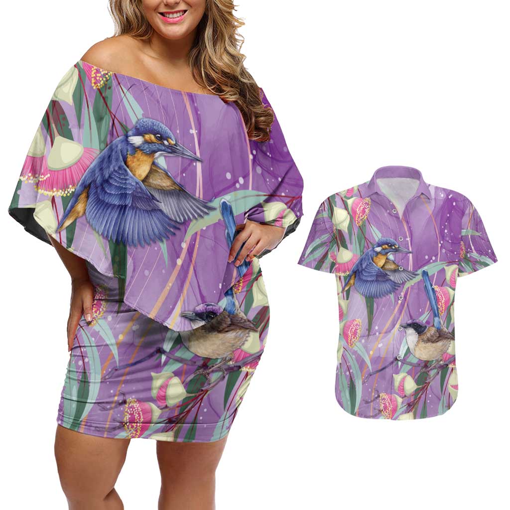 Australia Epilepsy Awareness Couples Matching Off Shoulder Short Dress and Hawaiian Shirt Purple Fairy Wren with Eucalyptus Flowers - Aussie Hoodie