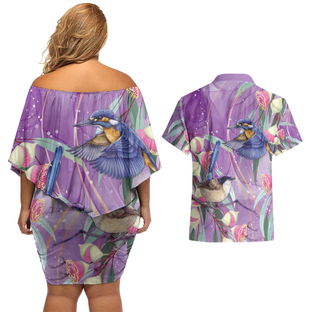 Australia Epilepsy Awareness Couples Matching Off Shoulder Short Dress and Hawaiian Shirt Purple Fairy Wren with Eucalyptus Flowers - Aussie Hoodie