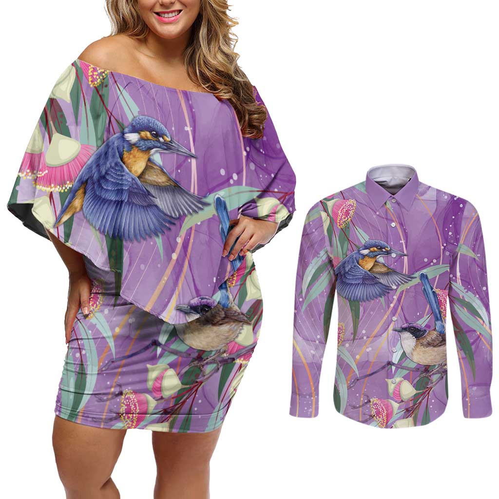 Australia Epilepsy Awareness Couples Matching Off Shoulder Short Dress and Long Sleeve Button Shirt Purple Fairy Wren with Eucalyptus Flowers - Aussie Hoodie